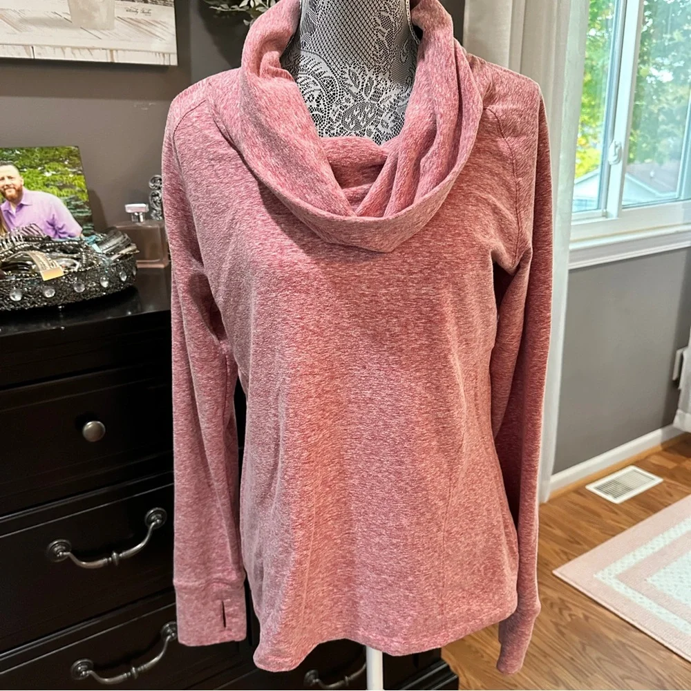 Athleta Cozy Cowl Neck Pullover Top Heathered Pink Thumbholes Size L - Picture 2 of 16